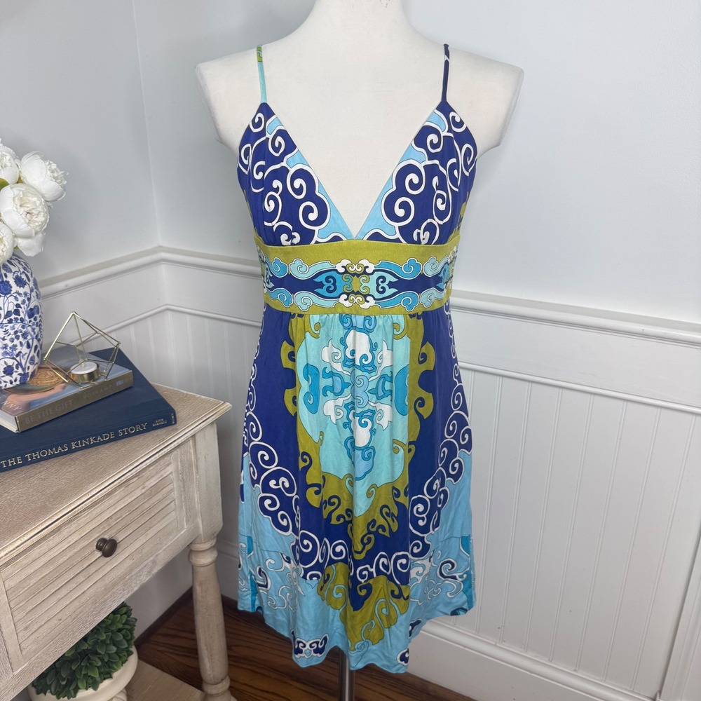 Trina Turk Silk Mini Dress Blue Green Psychedelic Print V-Neck Empire Waist 8